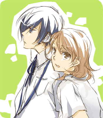 1girl, arisato_minato, blue_hair, brown_hair, couple, lowres, persona, persona_3