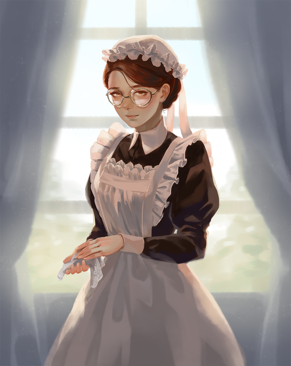 1girl, apron, brown_hair, dress, emma_(victorian_romance_emma), frilled_apron, frills, glasses, handkerchief, hirosaworks, lips, maid, maid_apron, maid_headdress, round_eyewear, short_hair, solo, victorian, victorian_romance_emma, window