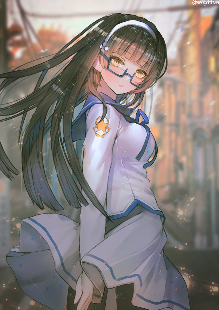 1girl, alternate_costume, arm_at_side, arm_behind_back, bangs, black_hair, black_legwear, blue_glasses