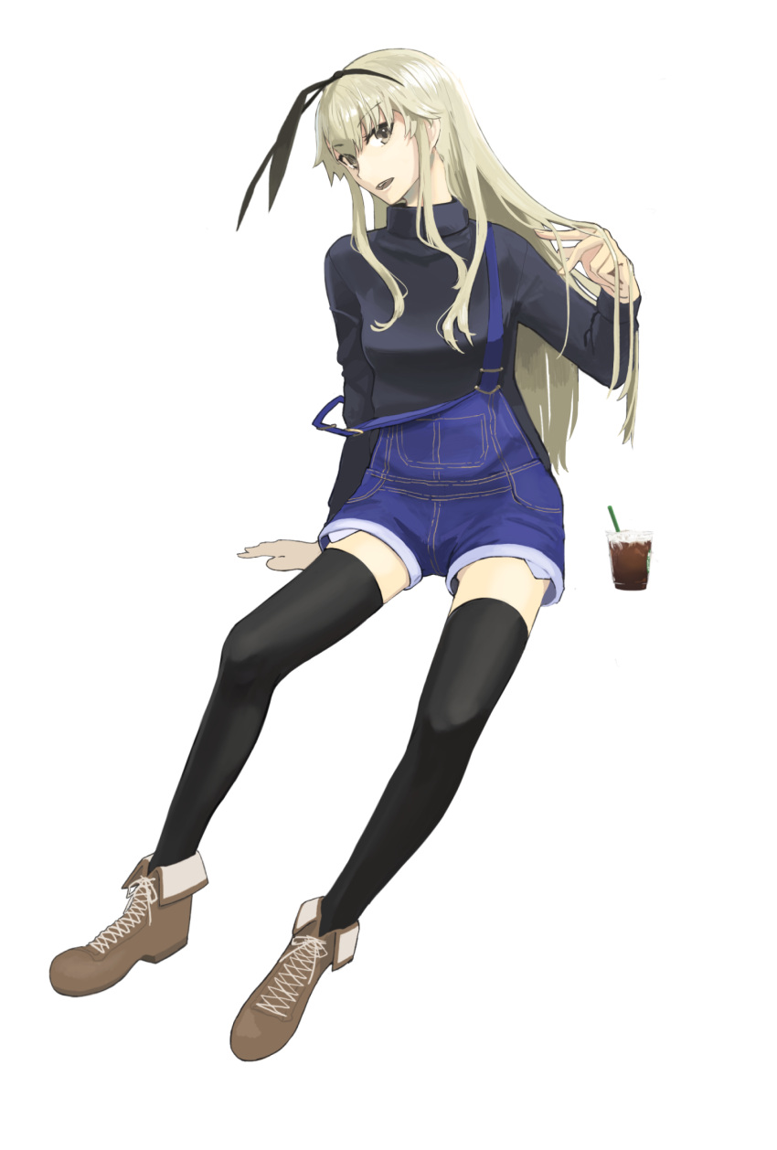 1girl, :d, black_legwear, blonde_hair, boots, breasts, brown_eyes, drink