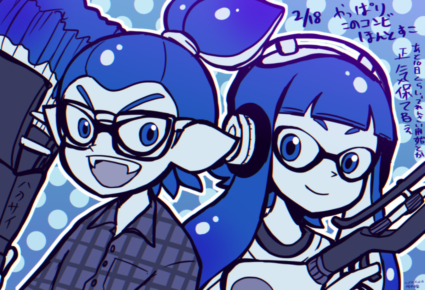 1boy, 1girl, :d, blue, blue_eyes, blue_hair, commentary_request, domino_mask, fangs, glasses, glasses-kun_(splatoon), headphone-chan_(splatoon), headphones, inkling, kuuuuuuran, looking_at_viewer, mask, open_mouth, plaid, plaid_shirt, pointy_ears, polka_dot, polka_dot_background, shirt, smile, splatoon, splatoon_(manga), tentacle_hair, translation_request