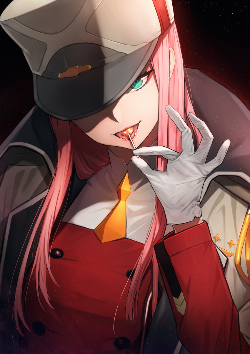 absurdres, aqua_eyes, candy, darling_in_the_franxx, double-breasted, eyeshadow, food, fpanda
