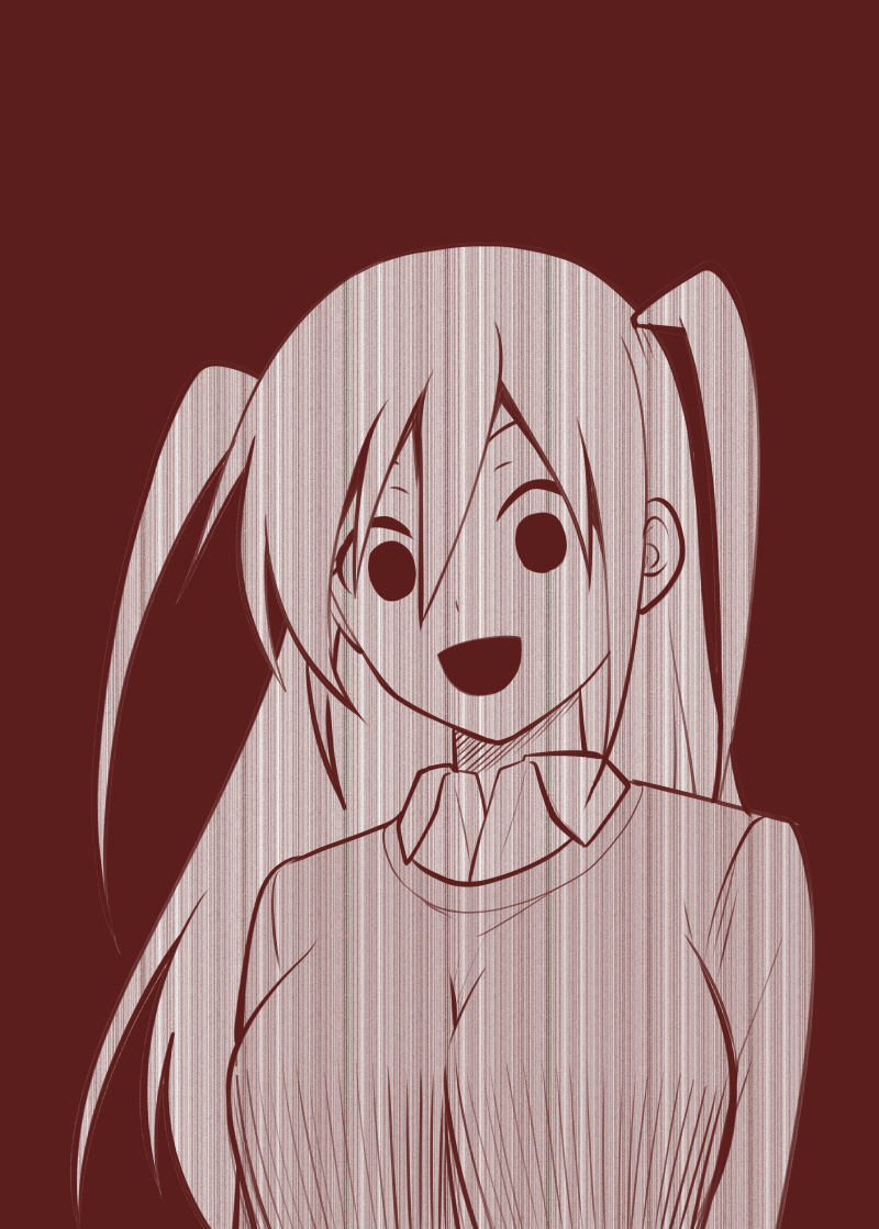 1girl, :d, empty_eyes, long_ahir, monochrome, nemoto_hina, open_mouth, satou_yuuki