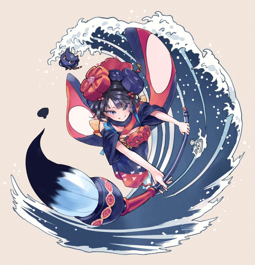 2girls, blue_eyes, calligraphy_brush, fate/grand_order, fate_(series), flower, hair_flower, hair_ornament, japanese_clothes, katsushika_hokusai_(fate/grand_order), kimono, mordred_(fate)_(all), mordred_(swimsuit_rider)_(fate), multiple_girls, octopus, paintbrush, simple_background, solo_focus, surfing, tan_background, tidal_wave, urayamashiro_(artist)