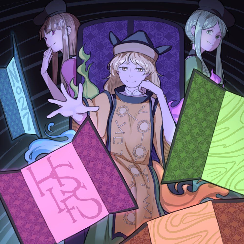 3girls, :d, armchair, aura, bangs, blonde_hair, blunt_bangs, brown_hair