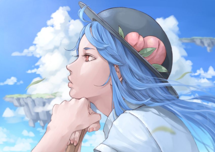1girl, black_hat, blue_hair, blue_sky, closed_mouth, clouds, cloudy_sky, commentary_request