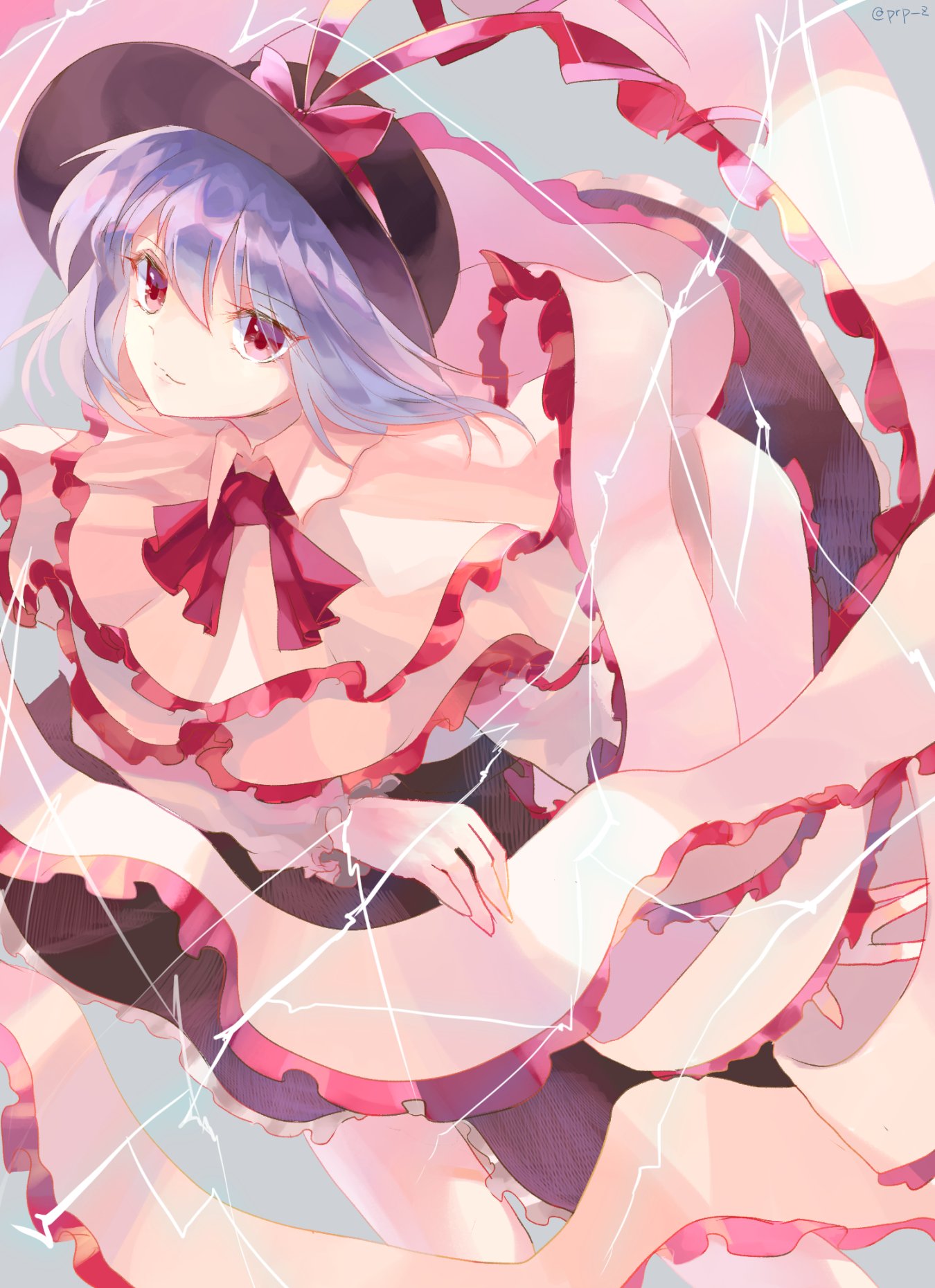 1girl, black_hat, black_skirt, capelet, closed_mouth, commentary_request, electricity, eyebrows_visible_through_hair, eyes_visible_through_hair, frilled_shawl, frilled_skirt, frills, grey_background, hat, hat_ribbon, highres, long_sleeves, looking_at_viewer, medium_hair, nagae_iku, neck_ribbon, rakulog, red_eyes, red_neckwear, red_ribbon, ribbon, shawl, shirt, silver_hair, skirt, solo, touhou, twitter_username, white_shirt