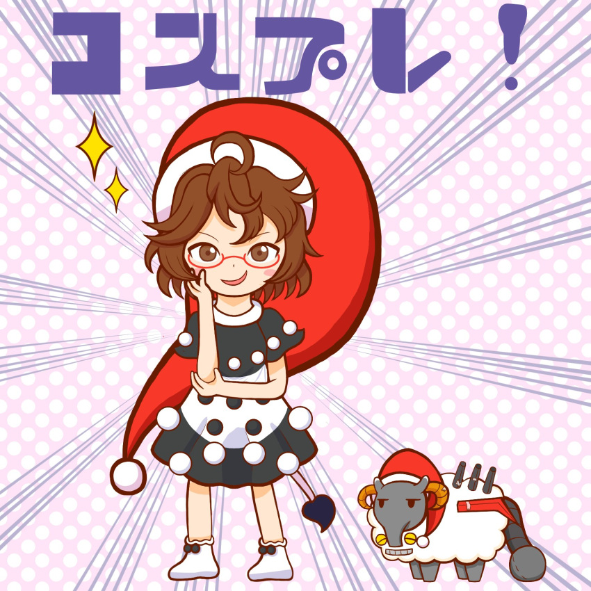 1girl, ahoge, artist_request, blush_stickers, brown_eyes, brown_hair, commentary_request, cosplay