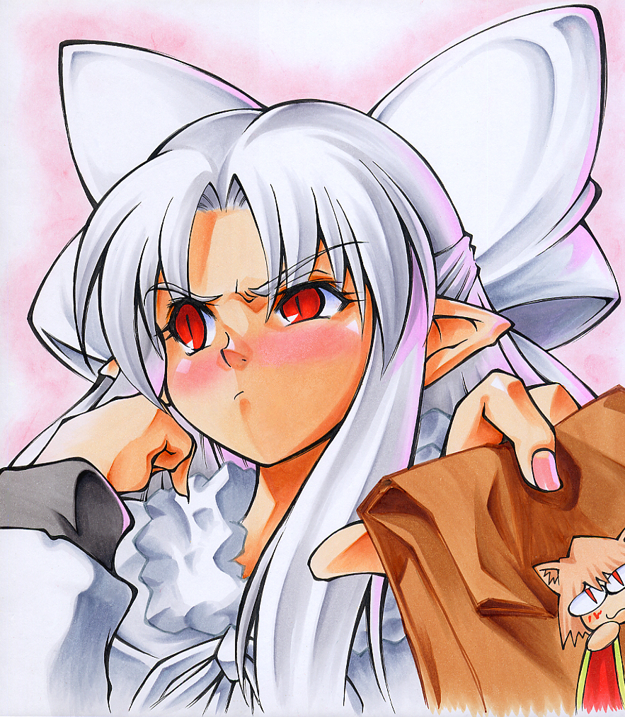 calnarsa, dress, gift, holding, holding_gift, long_hair, melty_blood, nekoarc, pointy_ears, red_eyes, ribbon, shikishi, slit_pupils, traditional_media, tsukihime, tsundere, type-moon, white_hair, white_len