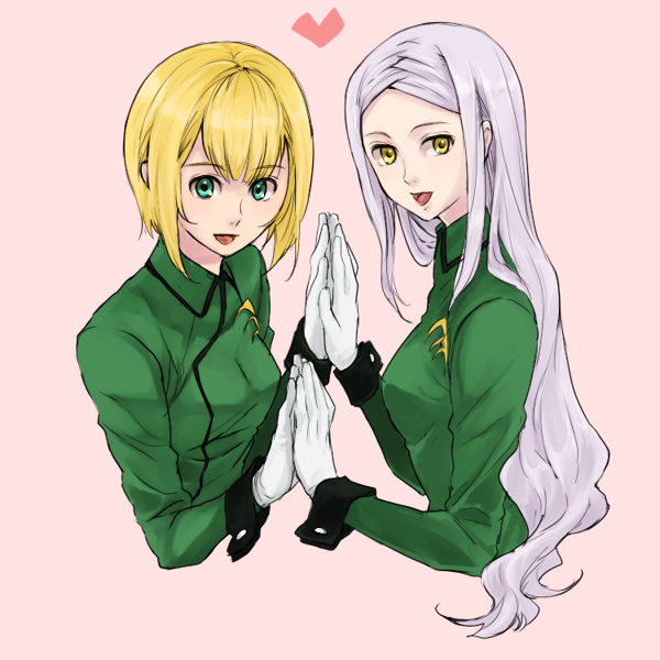blonde_hair, gloves, green_eyes, gundam, gundam_00, higi_(pixiv), lavender_hair, long_hair