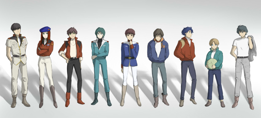banagher_links, barnarge_lynx, belt, beret, boots, camille_bidan, chars_counter_attack, christina_mackenzie, ghost_in_the_shell, ghost_in_the_shell_lineup, ghost_in_the_shell_stand_alone_complex, gundam, gundam_0080, gundam_0083, gundam_08th_ms_team, gundam_f91, gundam_unicorn, gundam_zz, haro, hat, highres, jacket, judau_ashta, kamille_bidan, kou_uraki, lineup, military, military_uniform, mobile_suit_gundam, parody, sabata_yuki, seabook_arno, shiro_amada, uniform, uso_evin, victory_gundam, zeta_gundam