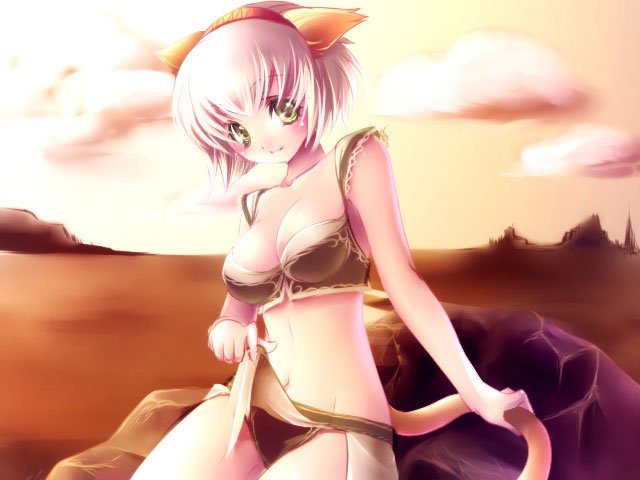 final_fantasy, final_fantasy_xi, midriff, mithra, short_hair, solo, tail, uni_(uniuni5)