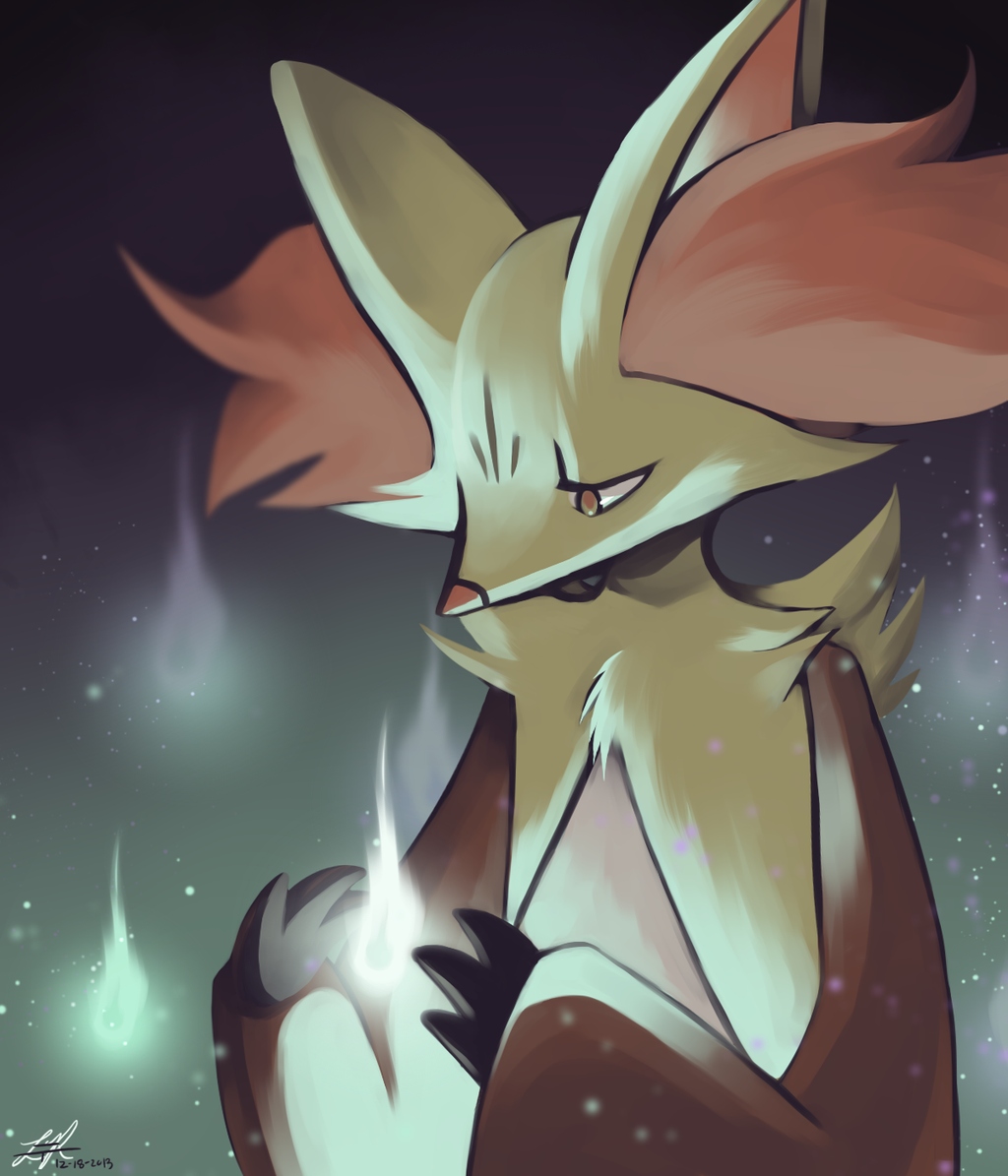 aqua_fire, bent_elbows, brown_eyes, commentary, dated, delphox, fire, looking_away