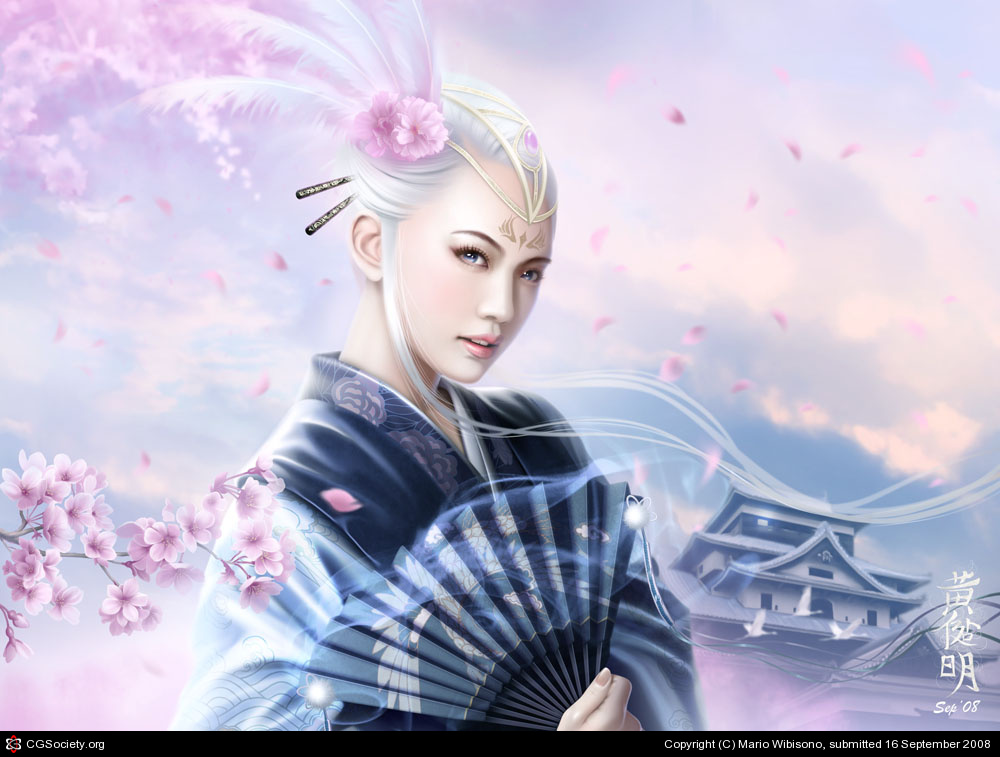 castle, cherry_blossoms, cloud, clouds, crane_clan, digital_art, east_asian_architecture, fan, flower, hair_ornament, hairpin, japanese_architecture, japanese_clothes, kakita_taminoko, kimono, legend_of_the_five_rings, mario_wibisono, markings, petals, raynkazuya, realistic, sky, white_hair