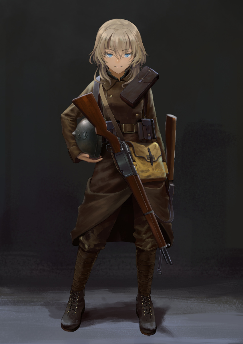 1girl, absurdres, blonde_hair, blue_eyes, furukawa_herzer, gun, headwear_removed, helmet
