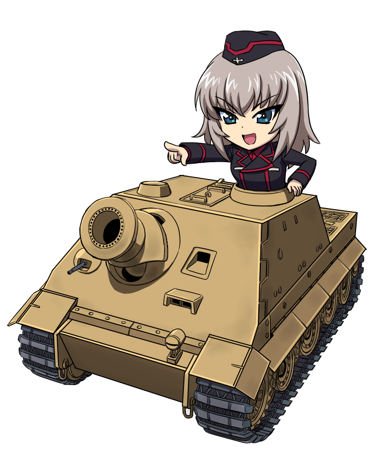 1girl, blue_eyes, chibi, girls_und_panzer, ground_vehicle, itsumi_erika, kuromorimine_military_uniform, laughing