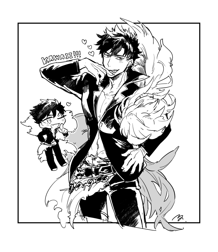 1boy, belial_(granblue_fantasy), belt, black_border, border, chibi_inset, feather_boa, granblue_fantasy