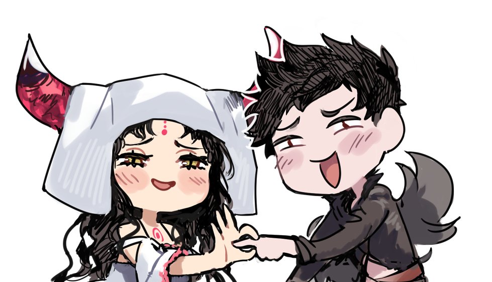 1boy, 1girl, bare_shoulders, belial_(granblue_fantasy), black_hair, chibi, crossover, detached_sleeves