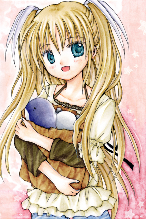 bag, blonde_hair, blue_eyes, blush, breasts, hair_ornament, hair_ribbon, hair_ribbons, hinokami_sakura, hinomin, jeans, little_busters!, little_busters!!, long_hair, open_mouth, plushies, ribbon, ribbons, smile, stuffed_animal, stuffed_toy, tokido_saya, twintails