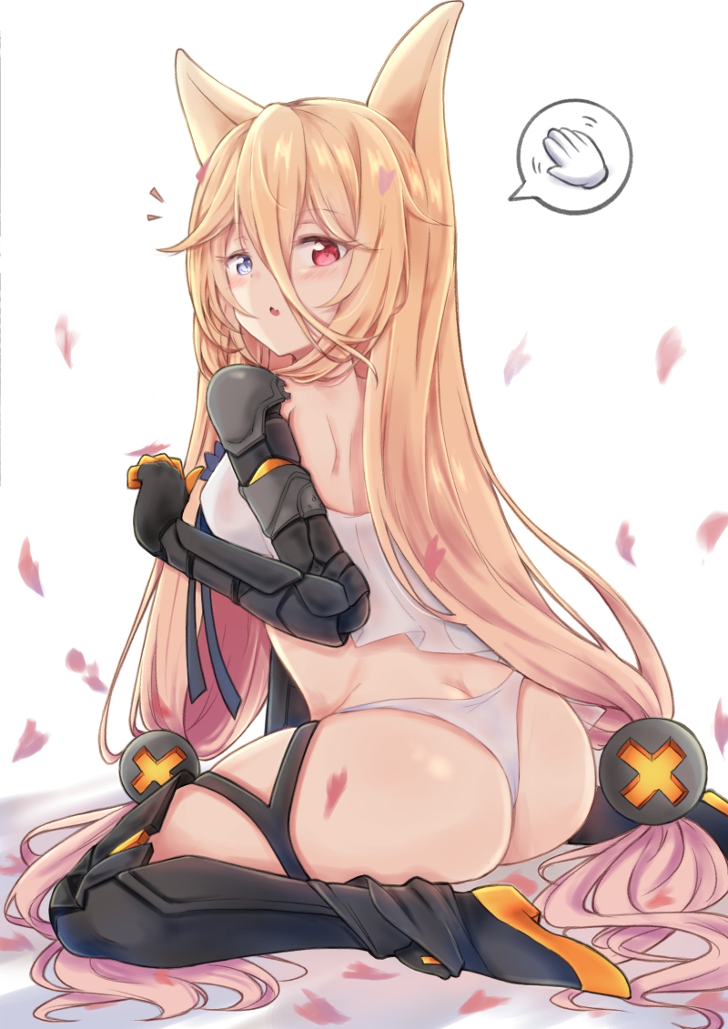 /\/\/\, 1girl, :o, animal_ears, ass, bangs, black_footwear, blue_eyes, blush, boots, eyebrows_visible_through_hair, fang, from_behind, g41_(girls_frontline), girls_frontline, gradient_hair, hakuya_(white_night), heterochromia, long_hair, looking_back, low-tied_long_hair, low_twintails, mechanical_arm, multicolored_hair, open_mouth, panties, petals, pink_eyes, pink_hair, pointing, pointing_at_self, shiny, shiny_hair, shoulder_blades, simple_background, sitting, skindentation, solo, speech_bubble, spoken_hand, thigh-highs, thigh_boots, thigh_strap, twintails, underwear, very_long_hair, wariza, white_background, white_panties