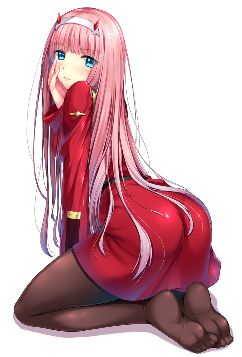 1girl, ass, bangs, between_legs, blue_eyes, blunt_bangs, blush, brown_legwear, closed_mouth, darling_in_the_franxx, dress, eyebrows_visible_through_hair, feet, full_body, hairband, hand_between_legs, hand_on_own_cheek, horns, kneeling, leaning_forward, long_hair, no_shoes, pantyhose, pink_hair, red_dress, shiny, shiny_clothes, simple_background, soles, solo, toes, very_long_hair, white_background, white_hairband, yoruda, zero_two_(darling_in_the_franxx)