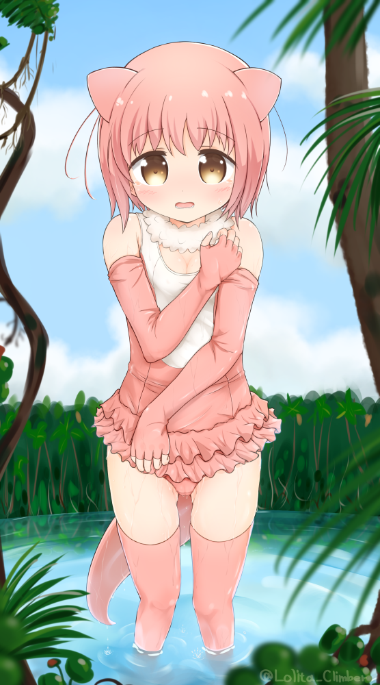 1girl, bangs, bare_shoulders, blue_sky, blush, breasts, brown_eyes, cleavage