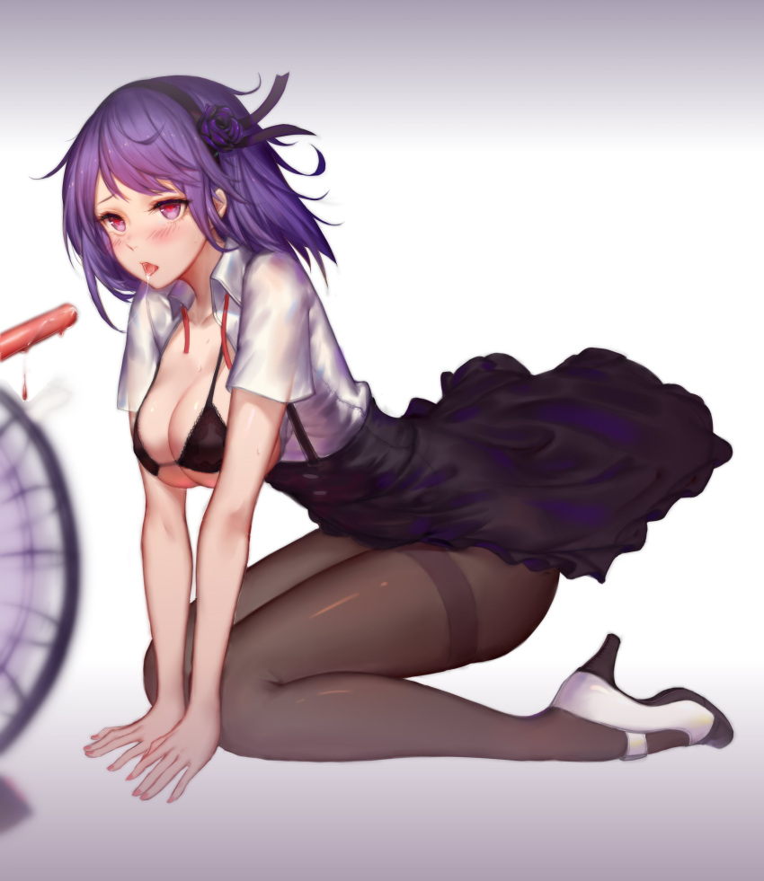 absurdres, black_bra, black_flower, black_hairband, black_legwear, black_rose, black_skirt, blush, bow, bra, breasts, candy, cleavage, dagashi_kashi, dripping, exposed_breasts, fan, flower, food, frills, hair_blowing, hair_flower, hair_ornament, hairband, hands_on_ground, heart, heart-shaped_pupils, heart_eyes, high-waist_skirt, highres, hungry, kneeling, large_breasts, nail_polish, open_clothes, open_shirt, pantyhose, pre_(17194196), purple_hair, red_nails, rose, saliva, shidare_hotaru, short_hair, skirt, suspender_skirt, suspenders, sweets, symbol-shaped_pupils, thighband_pantyhose, umaibou, underwear, violet_eyes, white_legwear, wind, wind_lift
