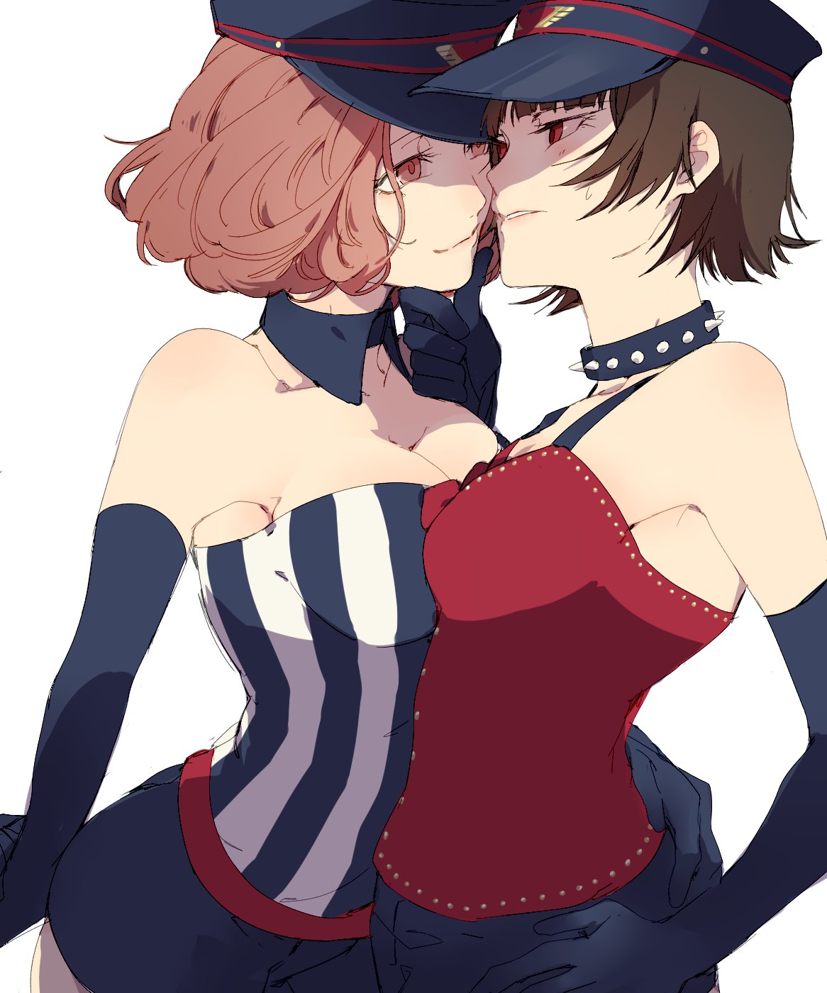 2girls, arm_around_waist, black_gloves, breasts, cleavage, collar, elbow_gloves, eye_contact, gloves, hat, highres, looking_at_another, multiple_girls, niijima_makoto, okumura_haru, p5_koumei, persona, persona_5, persona_5:_dancing_star_night, persona_dancing, smile, spiked_collar, spikes, upper_body, yuri