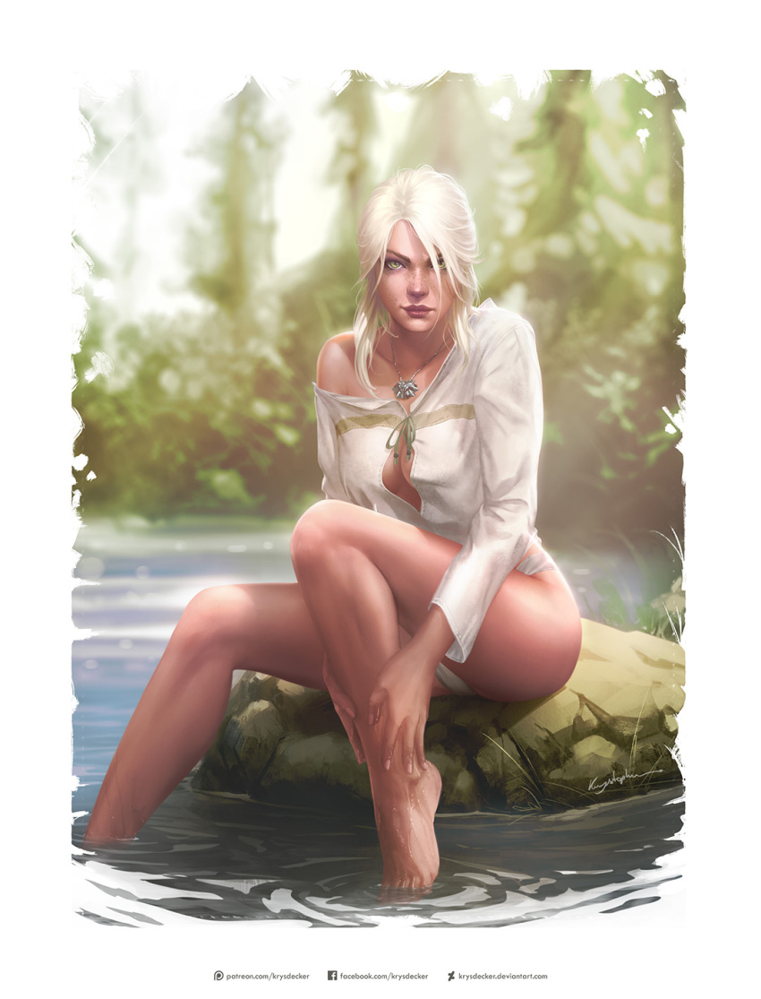 1girl, barefoot, blouse, blurry, blurry_background, breasts, ciri, cleavage