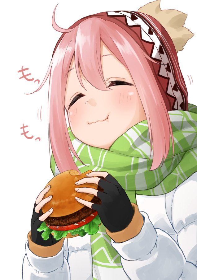 1girl, beanie, eating, fingerless_gloves, food, gloves, hamburger, hat