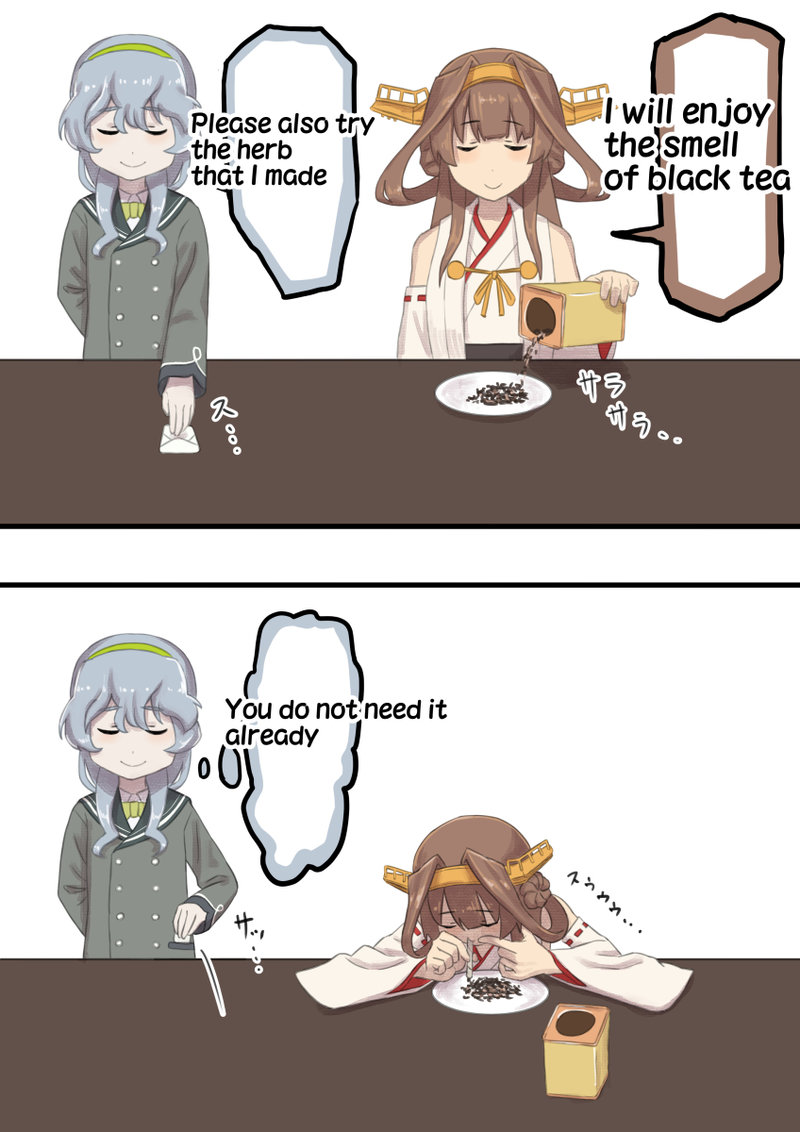 2girls, 2koma, brown_hair, closed_eyes, comic, commentary, engrish, grey_hair