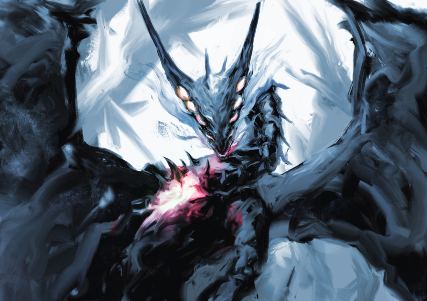 absurdres, dragon, extra_eyes, glowing, highres, horns, looking_at_viewer, monster_hunter, monster_hunter:_world, no_humans, shake_(shyakep), solo, spikes, spoilers, wings, xeno'jiiva
