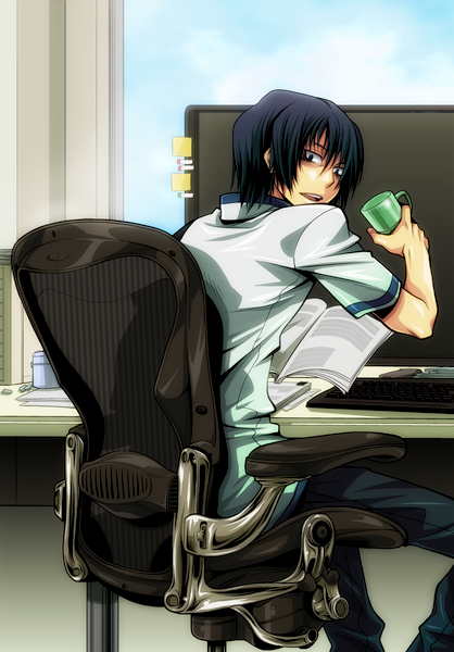 chair, chou_shittou_caduceus, computer, cup, looking_back, male, monitor, pael, sitting, trauma_center, victor_niguel