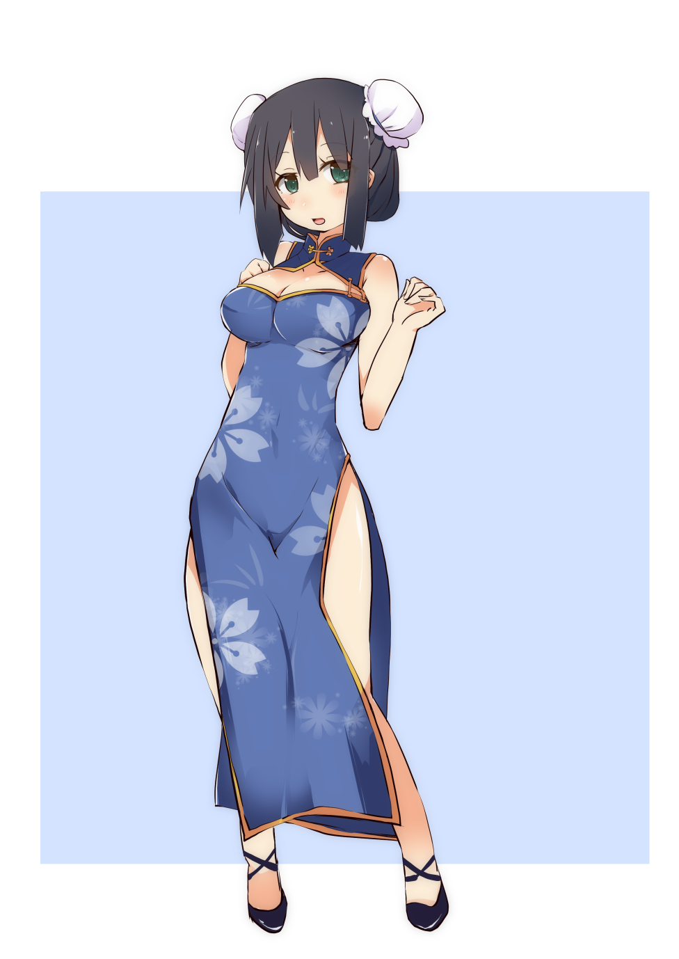 1girl, black_hair, blue_background, blue_dress, breasts, bun_cover, character_request, china_dress