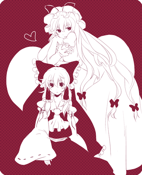 akarino, akarino_(yucco), ascot, blending, bow, dress, elbow_gloves, gloves, hair_bow, hair_tubes, hakurei_reimu, heart, monochrome, multiple_girls, polka_dot, polka_dot_background, red, red_background, skirt, skirt_set, touhou, yakumo_yukari