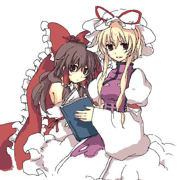 akarino, akarino_(yucco), blonde_hair, book, brown_hair, hakurei_reimu, hat, long_hair, multiple_girls, red_eyes, touhou, yakumo_yukari