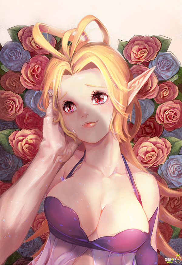 1girl, antenna_hair, bare_shoulders, breasts, cleavage, flower, hands, large_breasts