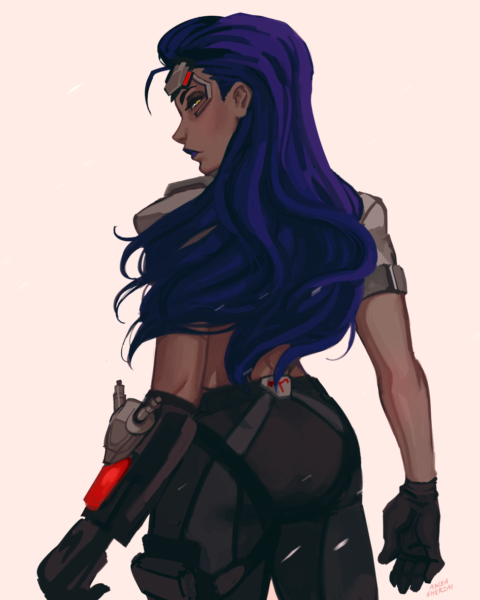 1girl, anisa_sherzai, artist_name, ass, back, cowboy_shot, gloves, highres