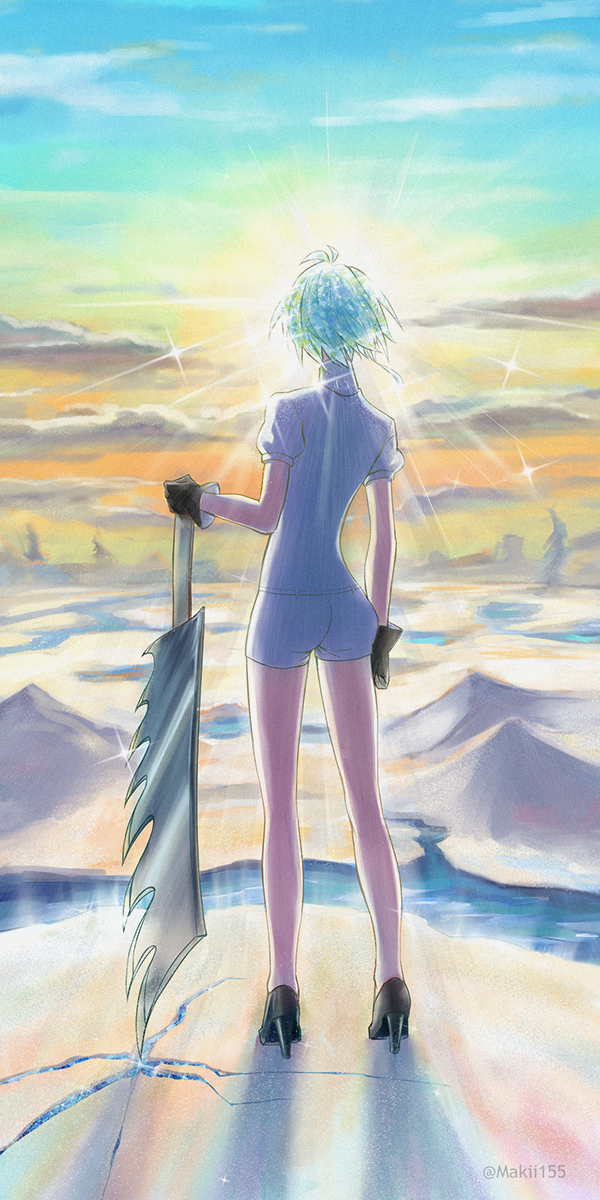 antarcticite, black_footwear, black_gloves, blue_hair, crack, facing_away, gloves, high_heels