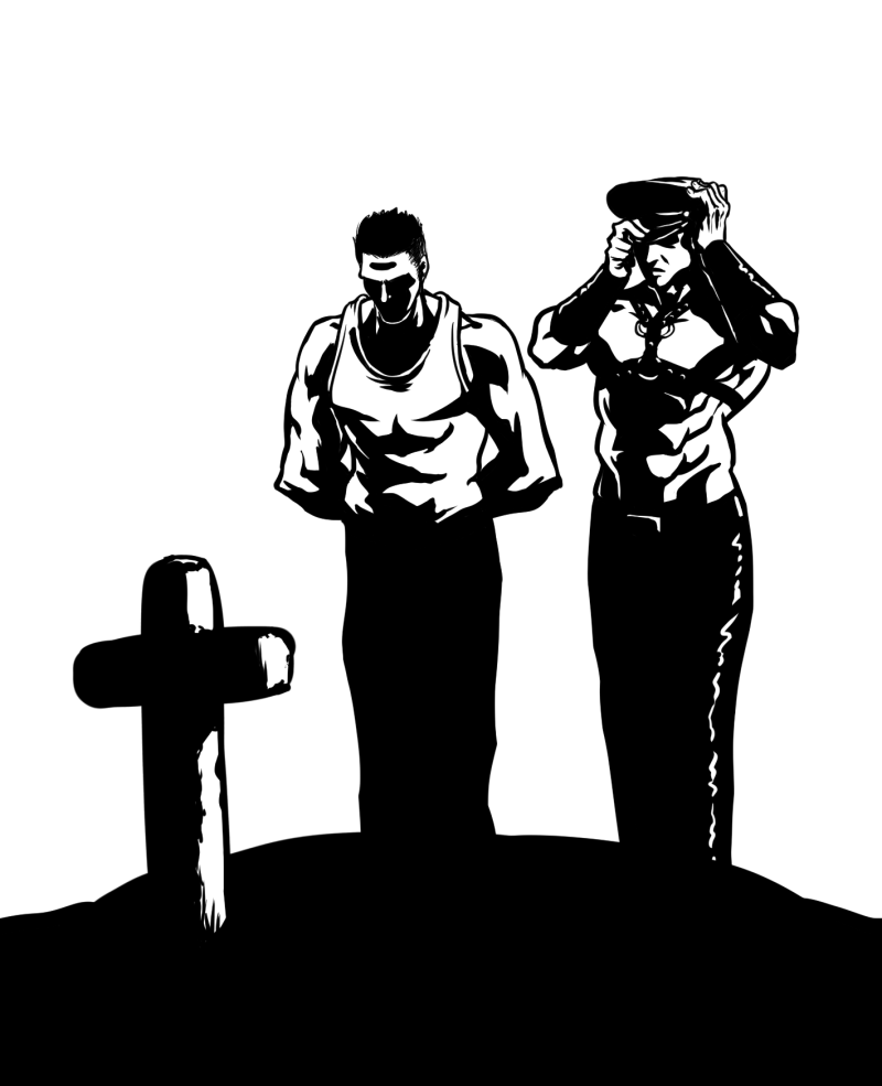 2boys, arm_behind_back, bdsm, billy_herrington, gachimuchi, grave, hand_on_headwear, looking_down
