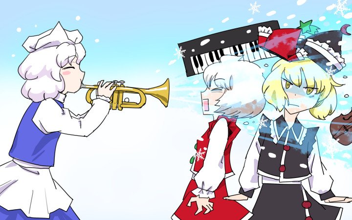 3girls, blonde_hair, blush_stickers, brown_hair, closed_eyes, cosplay, hat, instrument