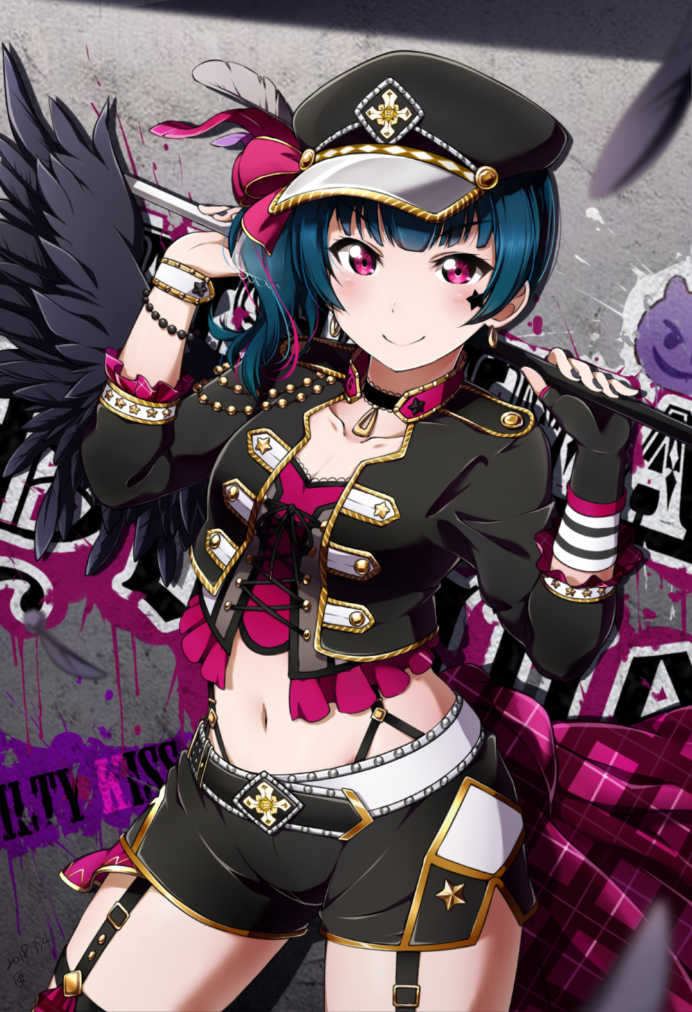 1girl, alternate_hairstyle, bangs, belt, black_gloves, black_wing, blue_hair, bracelet