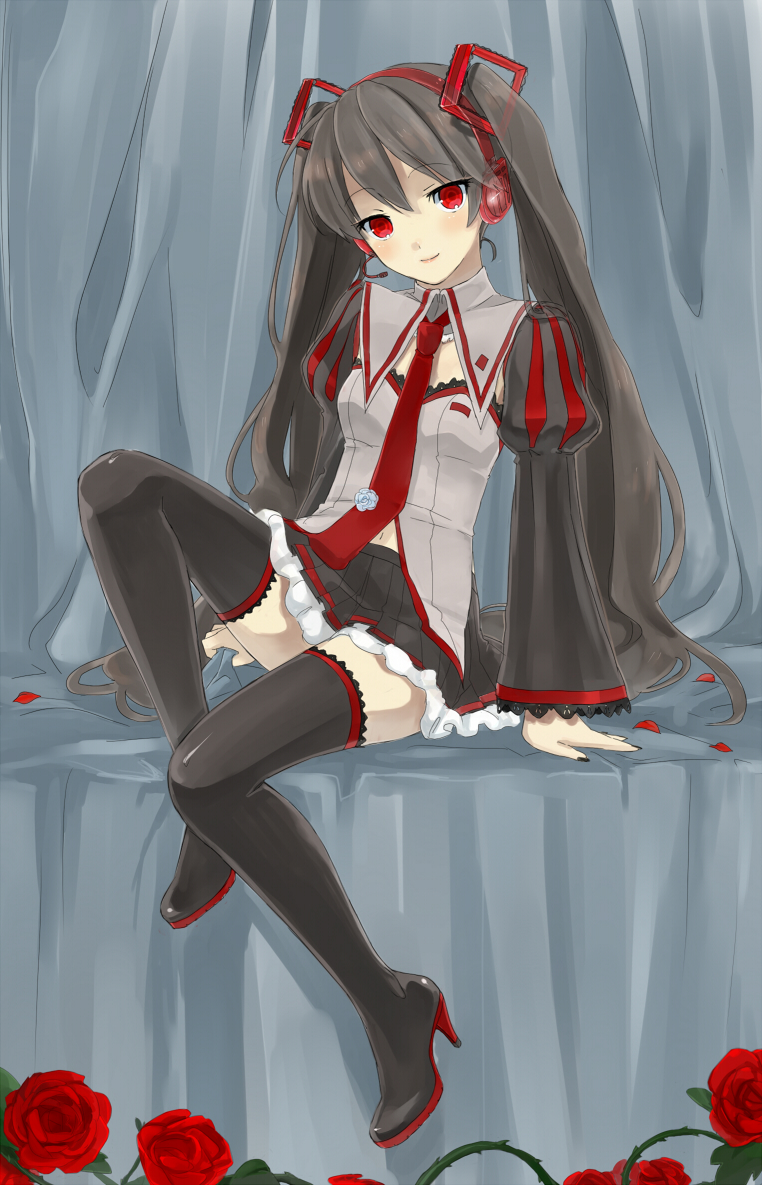 alternate_color, black_hair, boots, detached_sleeves, flower, hatsune_miku, high_heels, long_hair