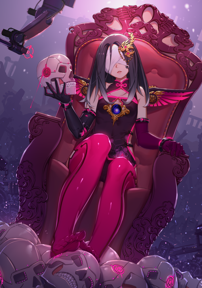 1girl, bible_bullet, black_hair, blindfold, hundun_(monkey_king), mosquito_coils, original, skull