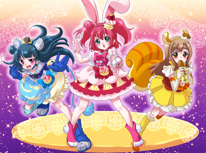 3girls, animal_ears, aqua_eyes, bangs, blue_gloves, blue_hair, blush, bread
