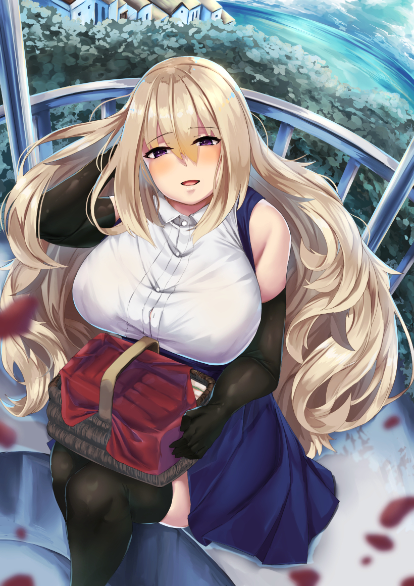 1girl, black_gloves, black_legwear, blonde_hair, blue_skirt, blurry, breasts, character_request