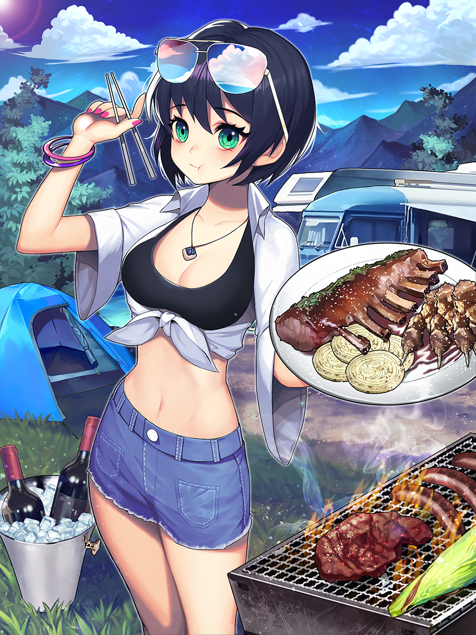 1girl, :t, barbecue, black_hair, blue_skirt, bracelet, breasts, bucket, camping, chopsticks, cleavage, closed_mouth, clouds, collarbone, corn, cowboy_shot, cup, drinking_glass, eating, eyewear_on_head, food, green_eyes, highres, ice, ice_cube, jewelry, kyundoo, looking_at_viewer, meat, medium_breasts, midriff, mountain, nail_polish, navel, onion, original, outdoors, pink_nails, plate, ribs_(food), sausage, shirt, short_hair, skirt, sky, solo, tree, white_shirt, wine_glass