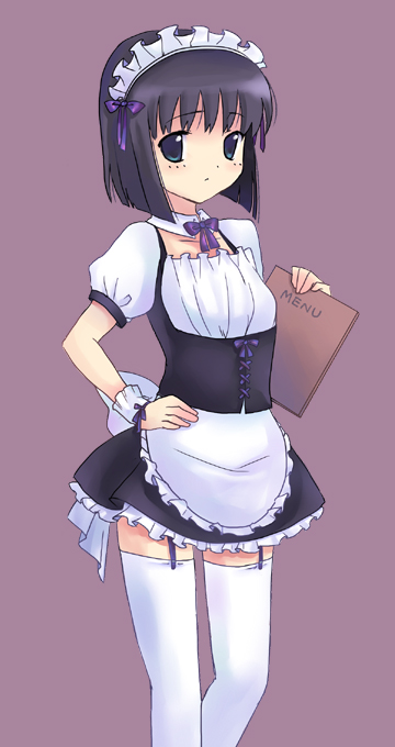 black_hair, blush, bokurano, ebi_shamo, garter_belt, green_eyes, machi_yoko, machi_youko, maid, menu, short_hair, thigh-highs, thighhighs, waitress, white_legwear, white_thighhighs