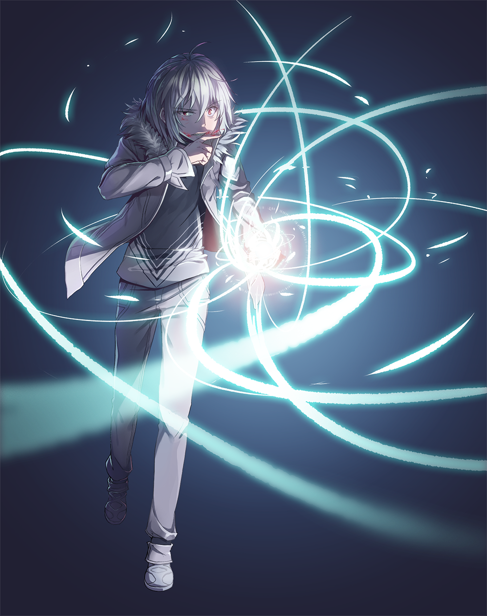 1boy, accelerator, blood, blood_on_face, fur_collar, highres, long_sleeves, looking_at_viewer