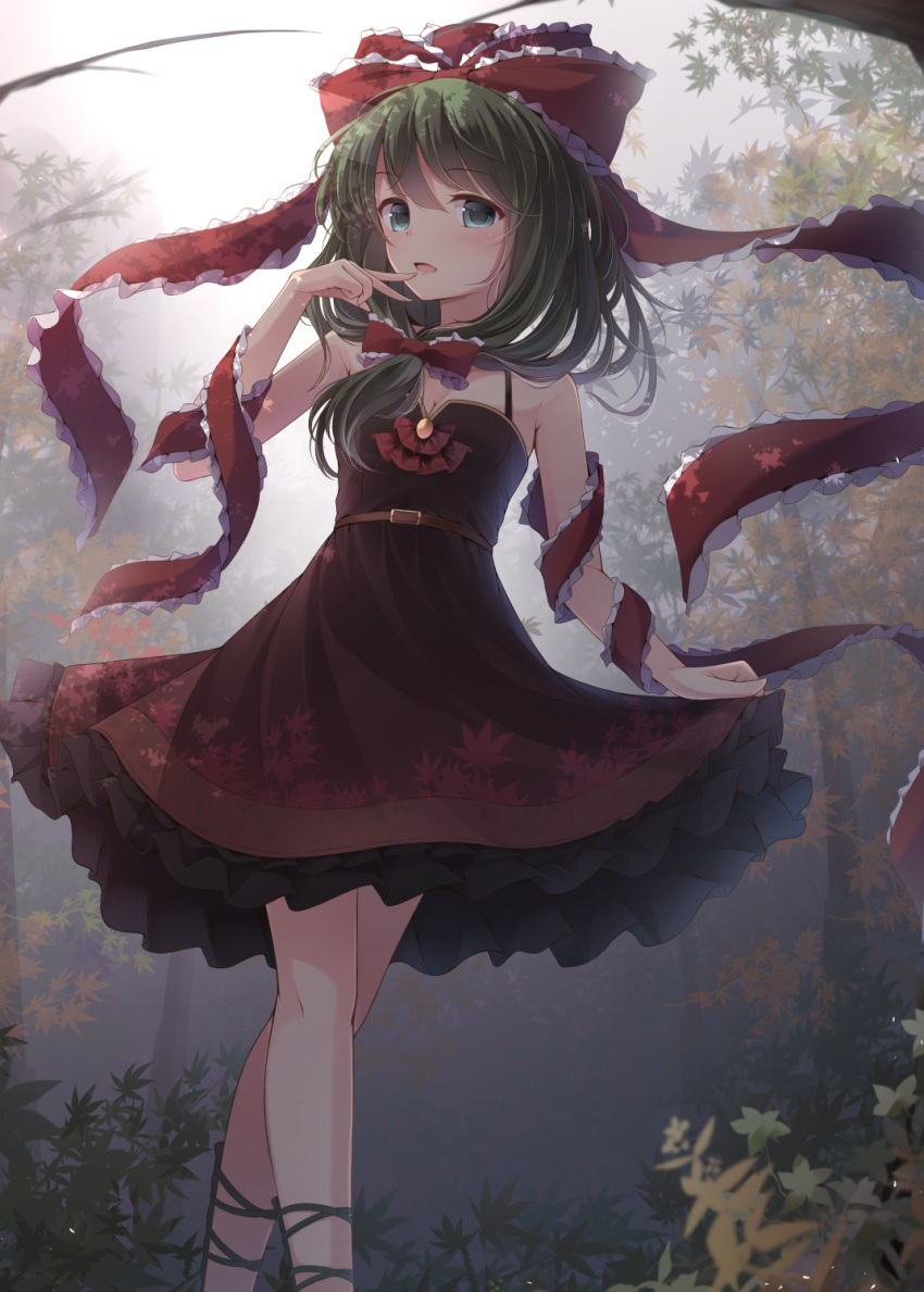 1girl, adapted_costume, belt, bent_elbow, breasts, brooch, cleavage, commentary_request